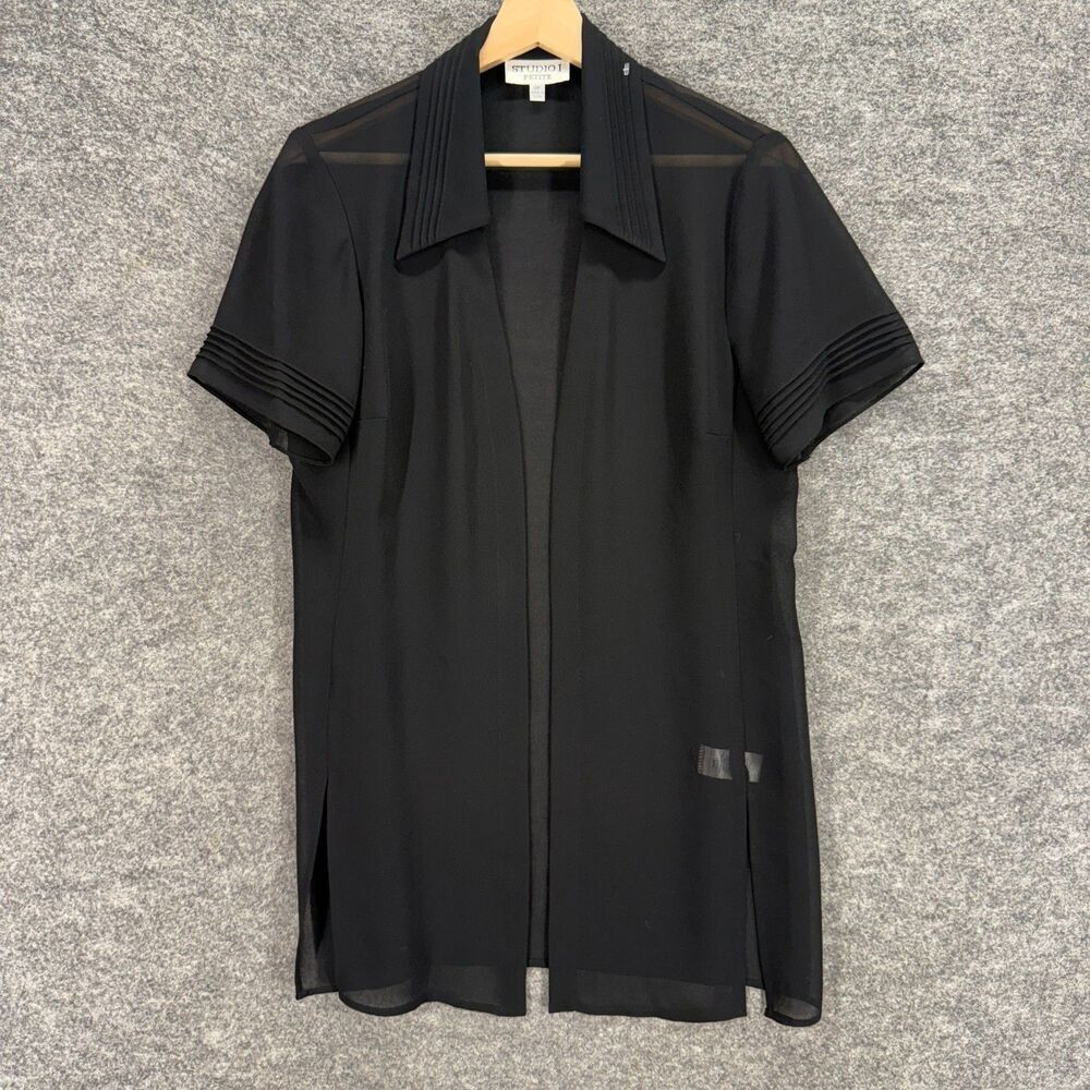 Studio I Top Women 8P Petite Black Collared Open Front Short Sleeve Sheer Casual